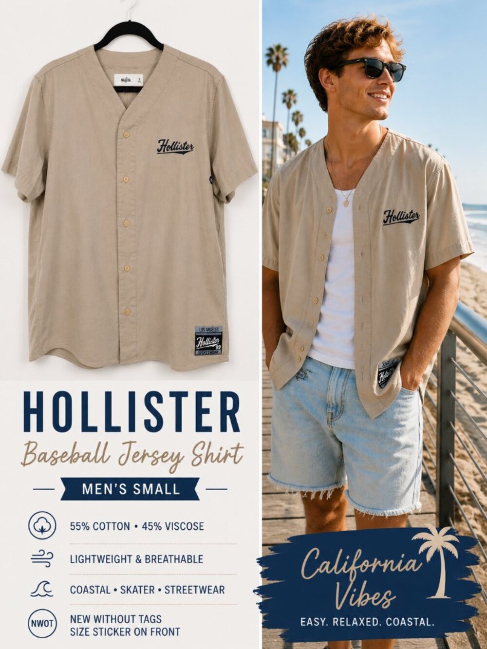Hollister Baseball Jersey Tan Button Front Logo Shirt Men Size Small